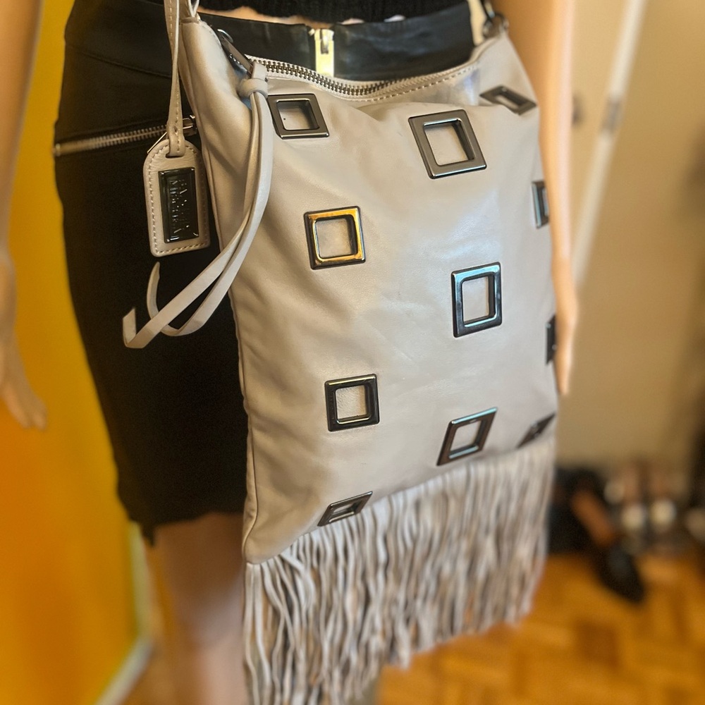 Badgley Mischka Gray Crossbody Bag with Fringe and metal Detail
